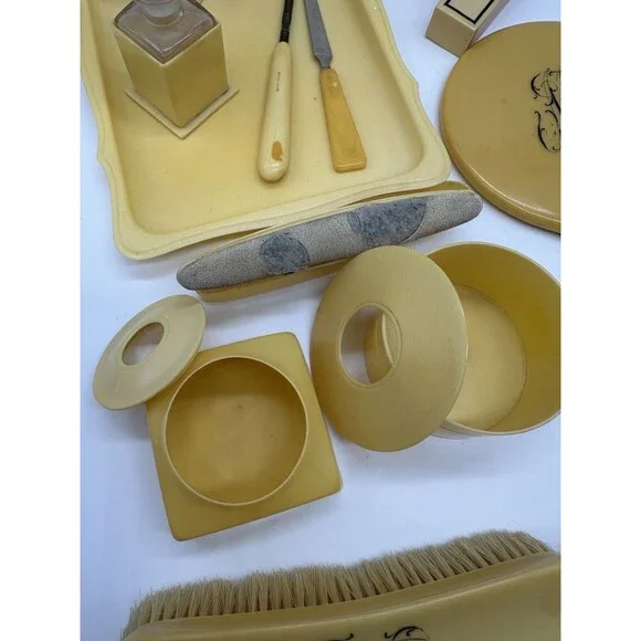 Vintage Celluloid Vanity Set Tray and Brushes Mirrors Perfume - Picture 3 of 16